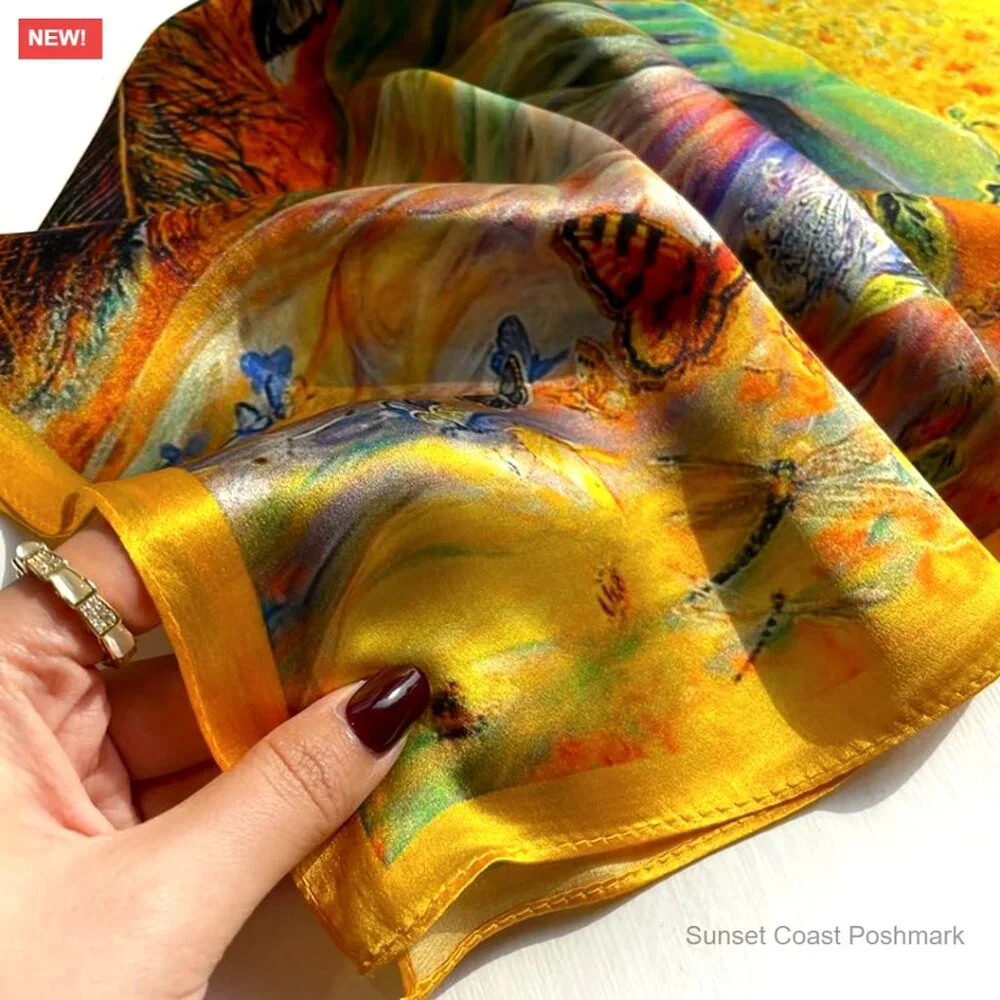100% Mulberry Silk Scarf Lightweight Elegant Digital Print Square Neckerchief - Picture 2 of 6
